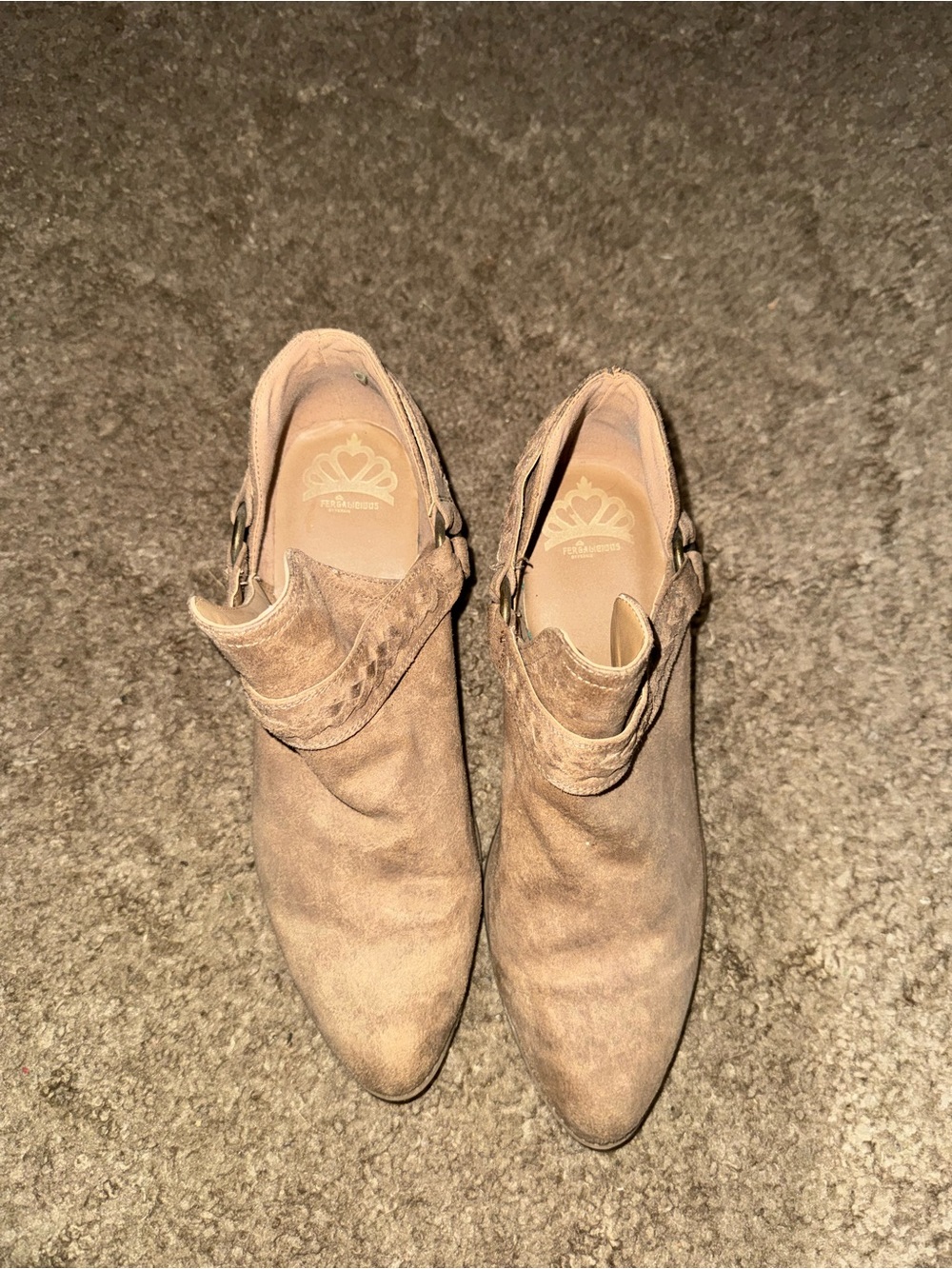 Fergalicious Taupe Suede Pointed Ankle Booties with Wrap Accent
